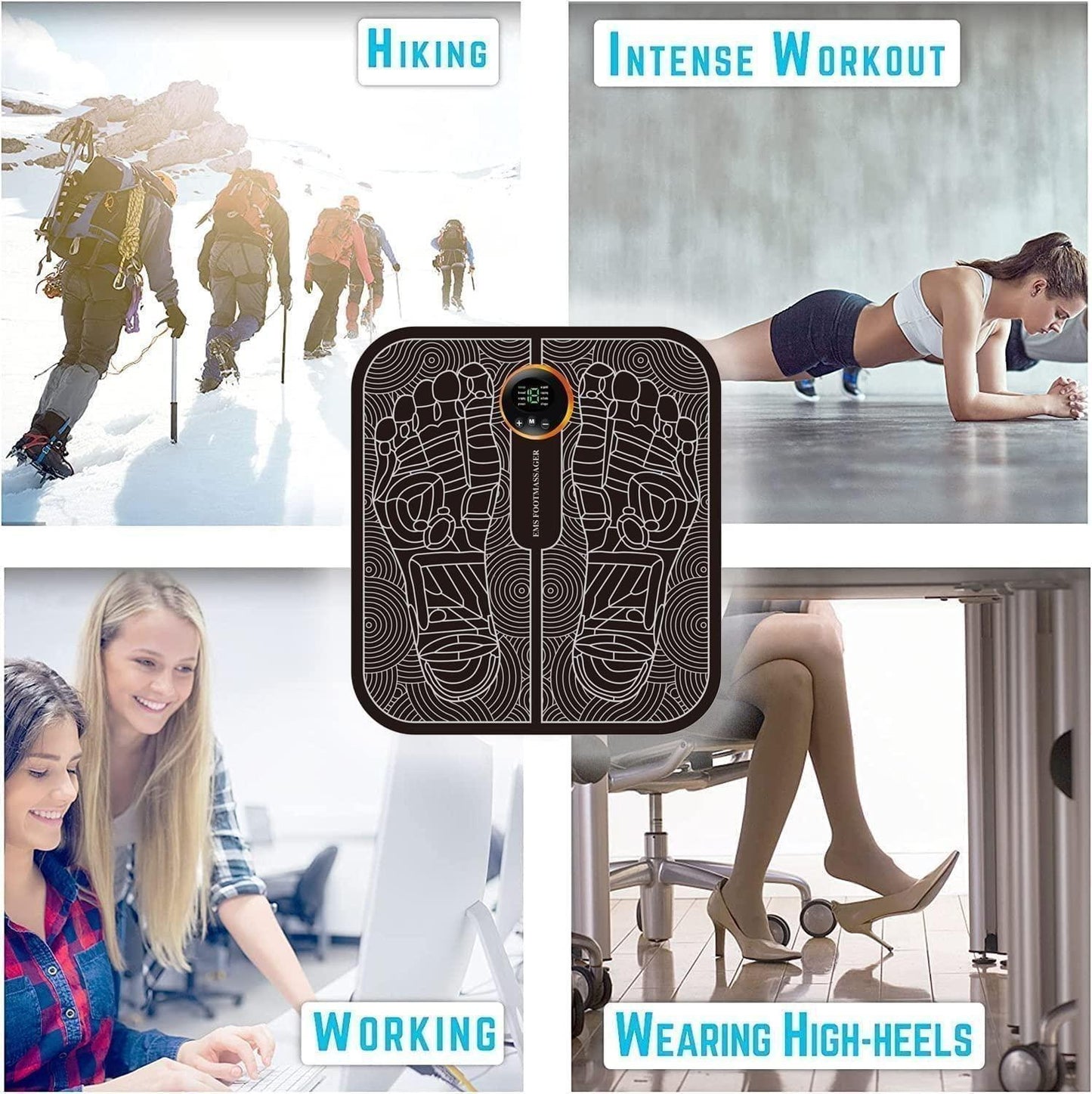 EMS foot massager pad designed for hiking intense workout working and wearing high heels relief