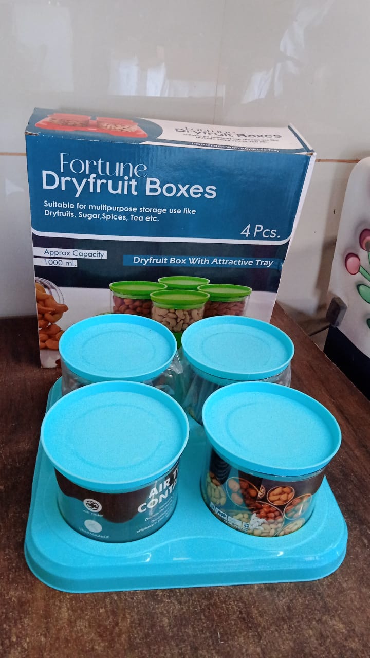 Airtight Container Jar 4 Pc Set With Stylish Tray for Kitchen Unbreakable Jar Set for Multipurpose Storage ( Mukhwas Dani ) Your Brand