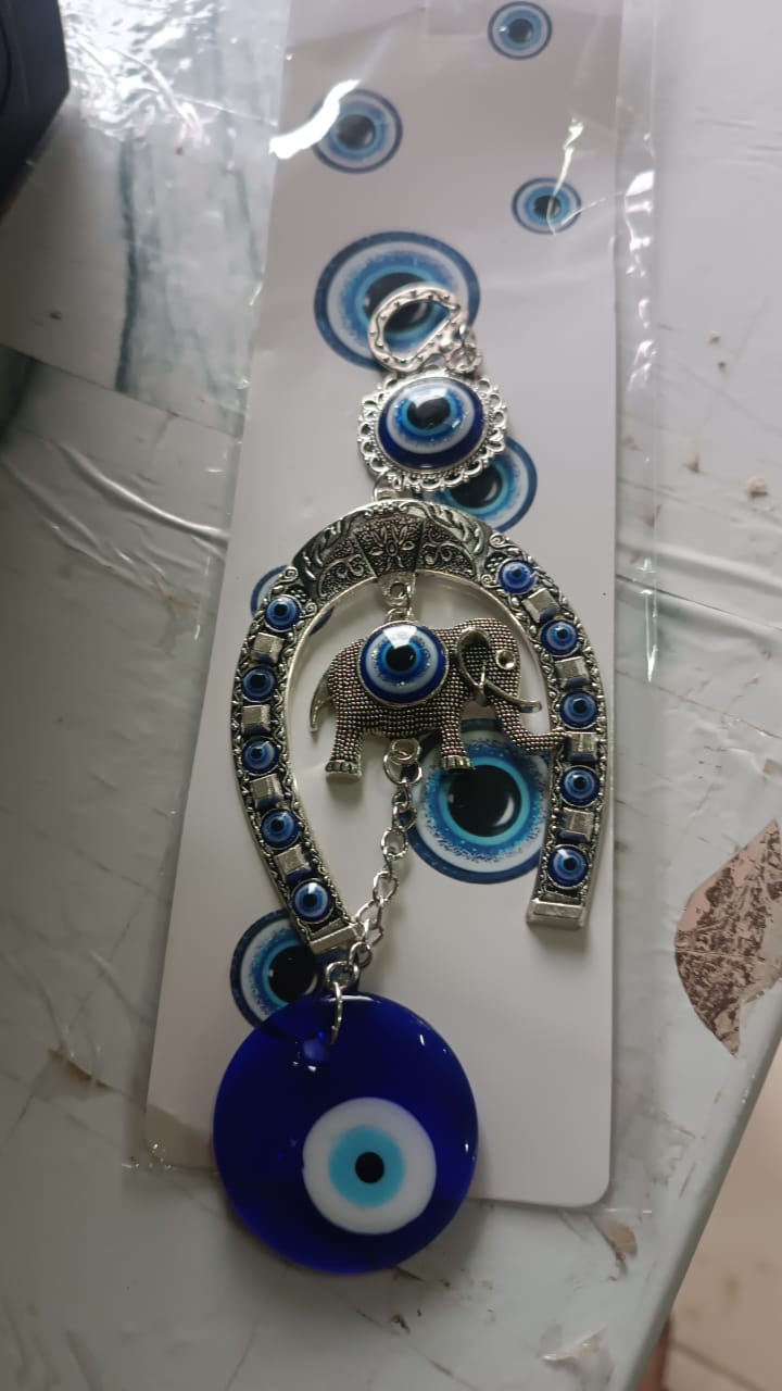 Decorative Evil Eye Hanging with Elephant and Horseshoe Motif, Wind Chime (1 Pc) Your Brand