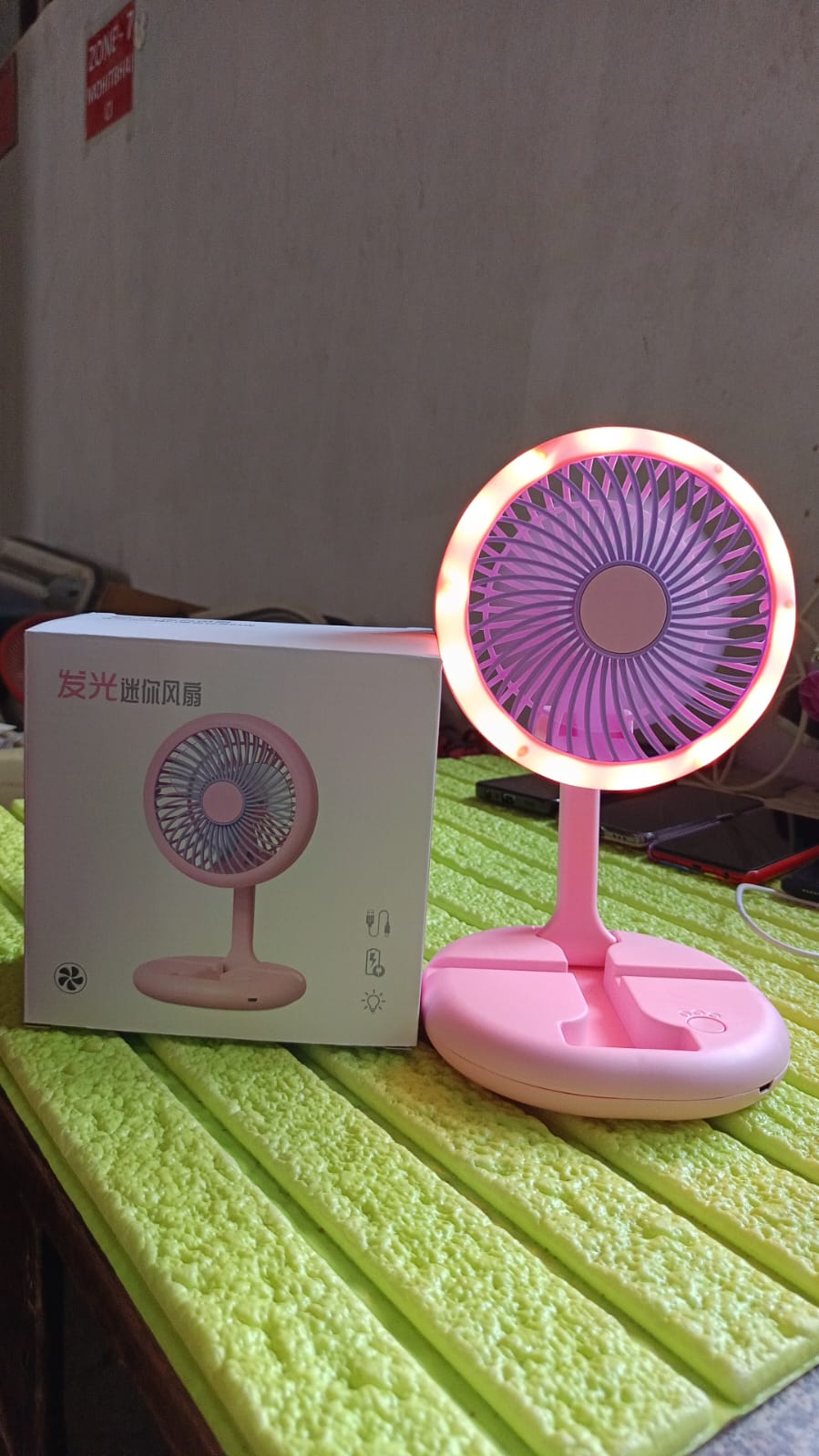 USB Rechargeable Portable Fan With LED Light Heavy Duty & Foldable Fan With Charging Port Home, Outdoor, Temple Your Brand