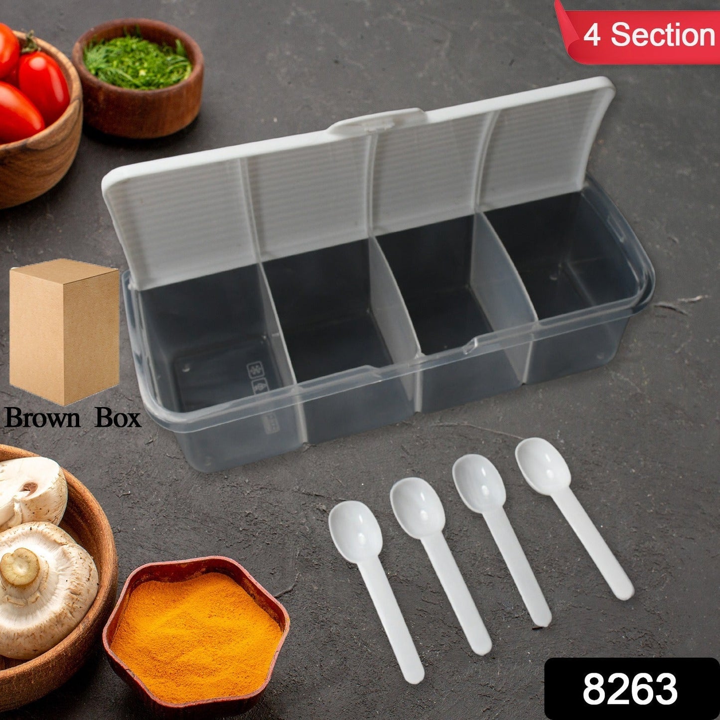 Kitchen Multipurpose Air-tight 4 Sections Storage Containers / Masala Box Pickle (Achar) Jar with 4 spoon for each section (1 Pc / Mix Color) Your Brand
