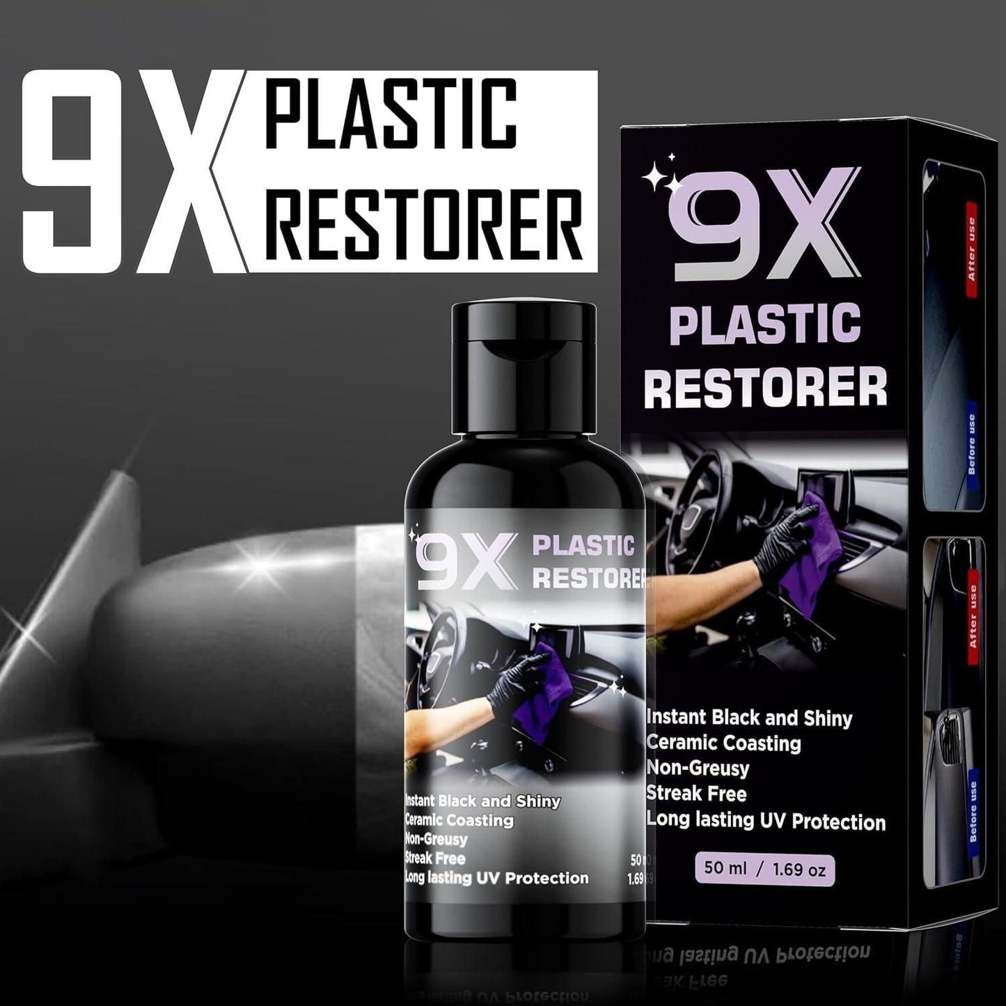 THE GIR FARMER 9X plastic restorer for cars bottle and packaging with car interior shine and UV protection