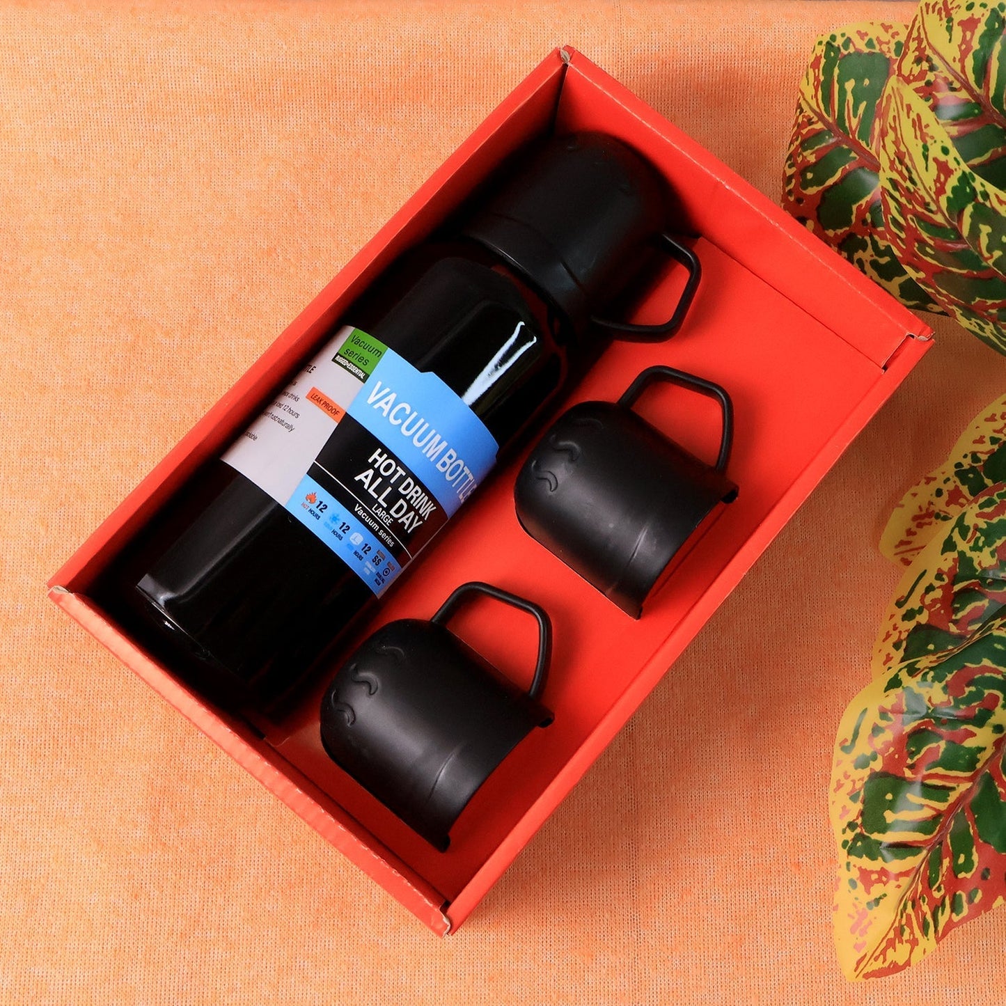 Black Vacuum Flask Set – Stainless Steel Thermos with 3 Cups, Approx 500ml Your Brand