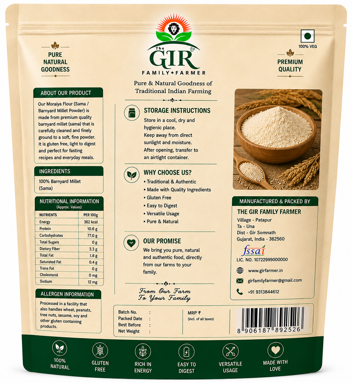 The Gir Farmer Moraiya Flour (Sama / Barnyard Millet Powder) | Low Pressure Ground Healthy Vrat Flour