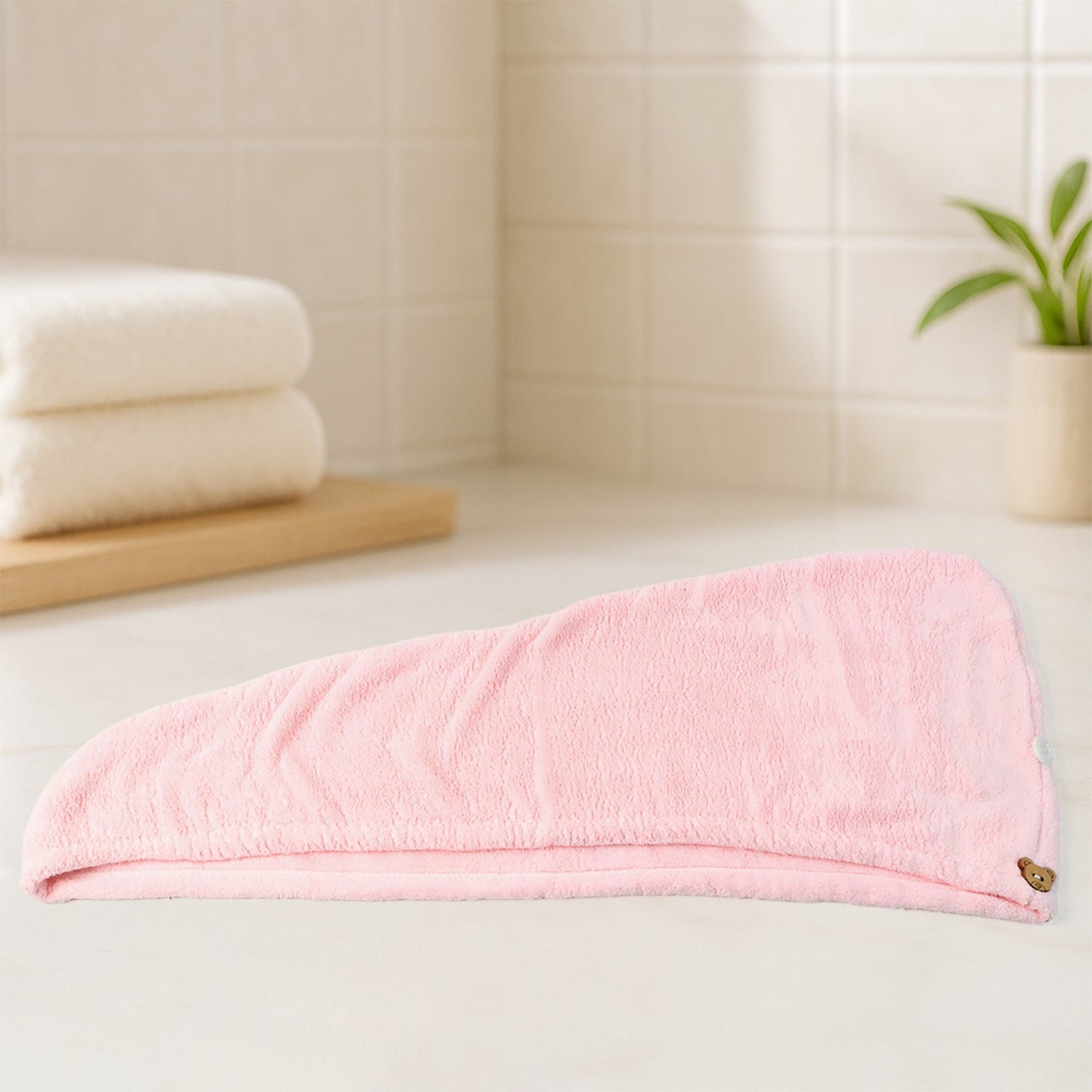 Soft Microfiber Hair Drying Towel Wrap with Cute Teddy Bear Button (1 Pc) Your Brand