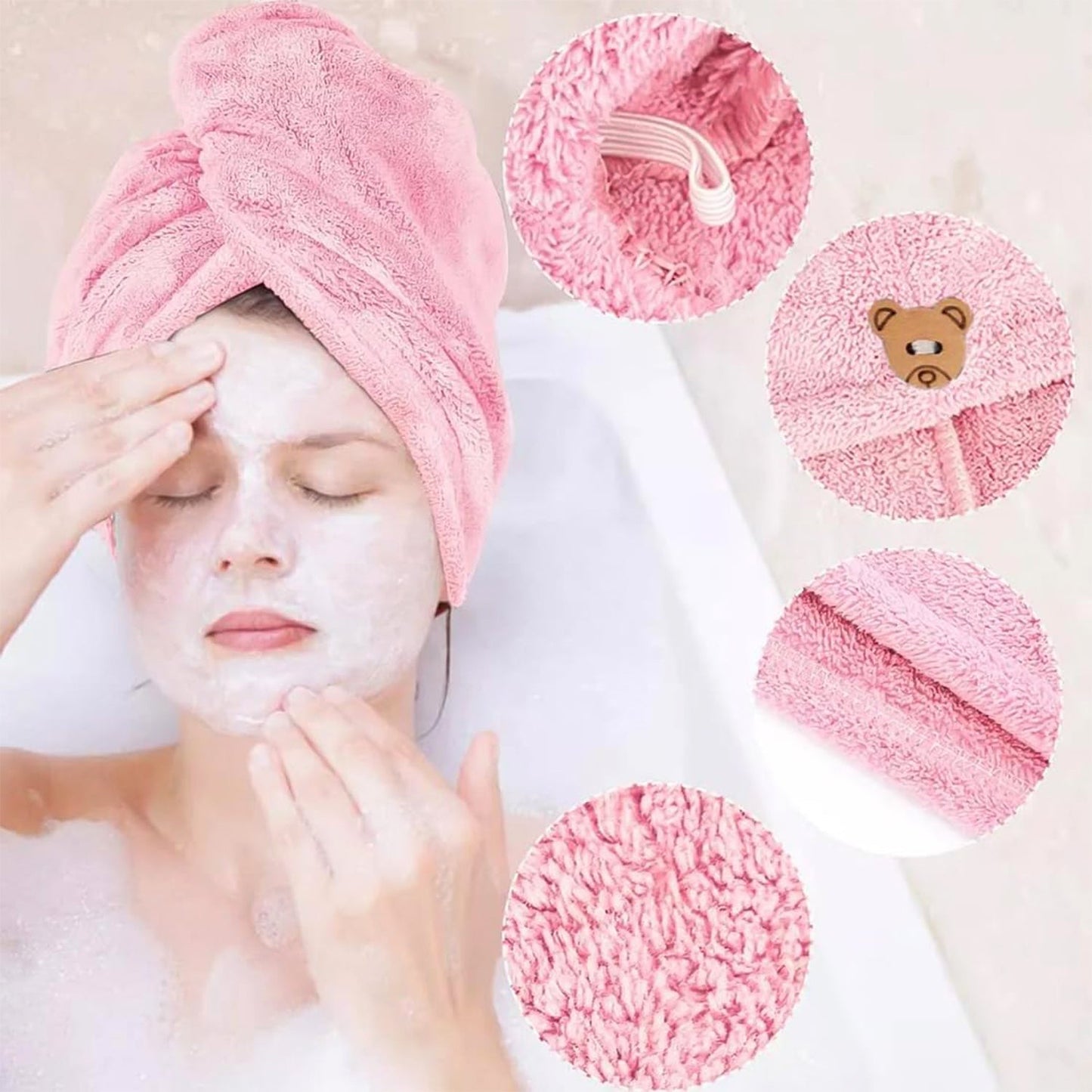 Soft Microfiber Hair Drying Towel Wrap with Cute Teddy Bear Button (1 Pc) Your Brand