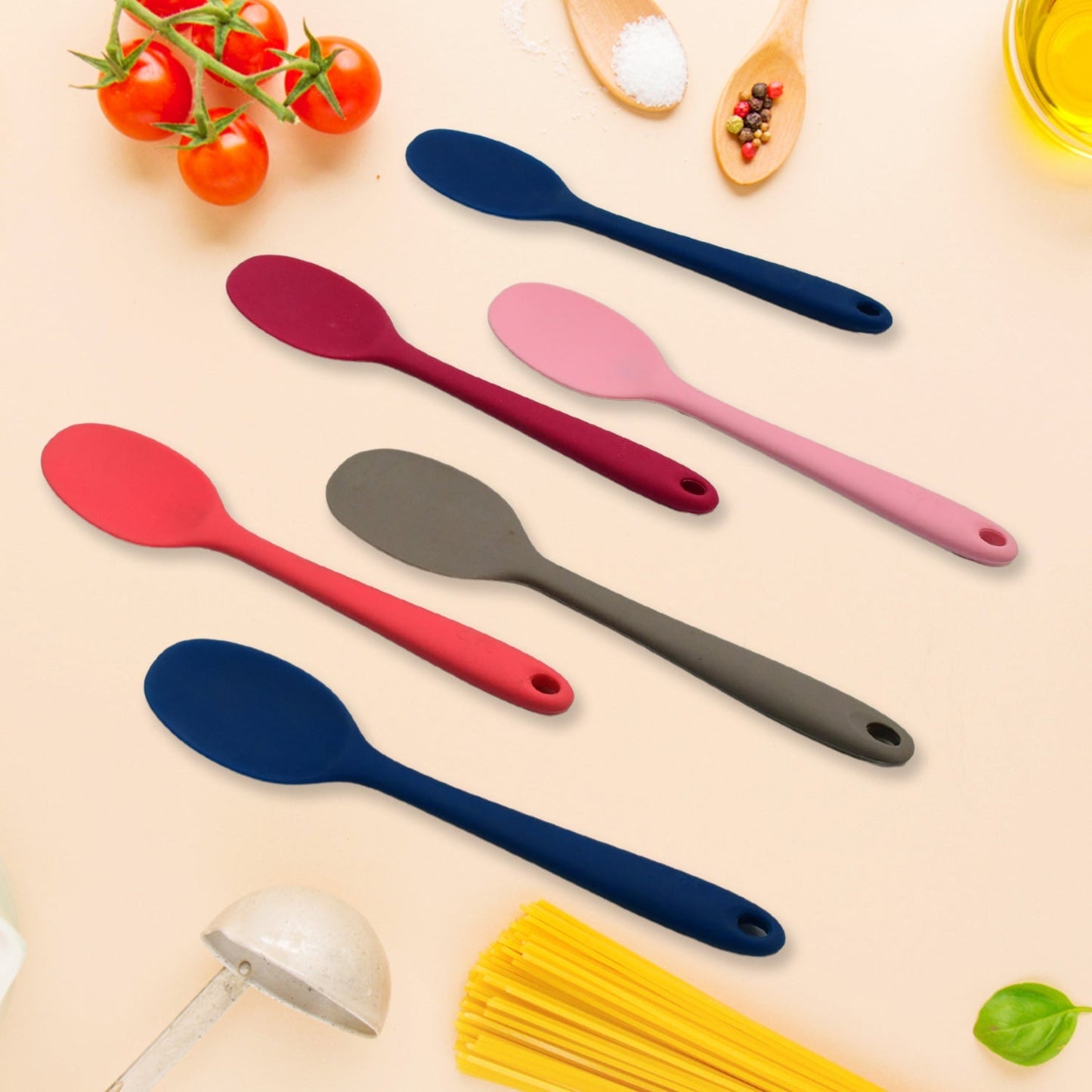 Multipurpose Silicone Spoon, Silicone Basting Spoon Non-Stick Kitchen Utensils Household Gadgets Heat-Resistant Non Stick Spoons Kitchen Cookware Items For Cooking and Baking (6 Pcs Set) Your Brand