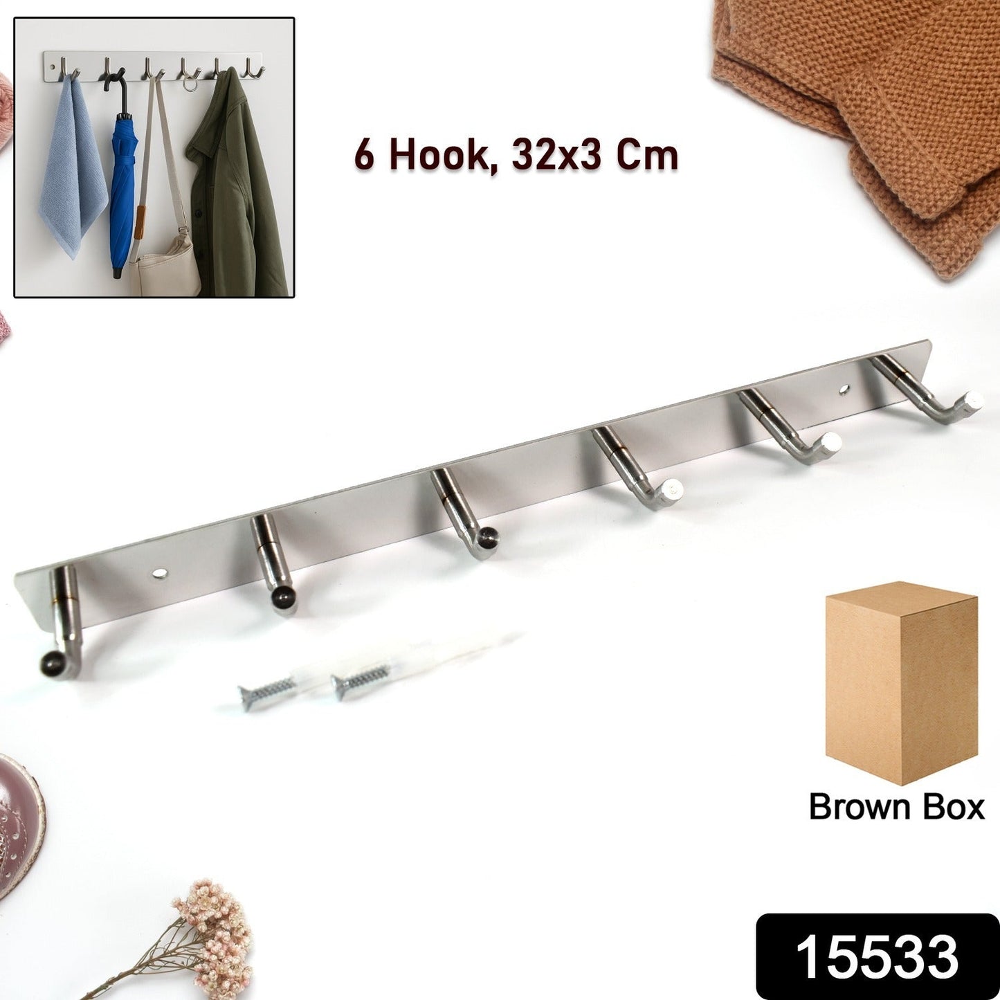 Stainless Steel Wall Mounted Coat 6 Hook Rack (32x3 / 1Pc) Your Brand