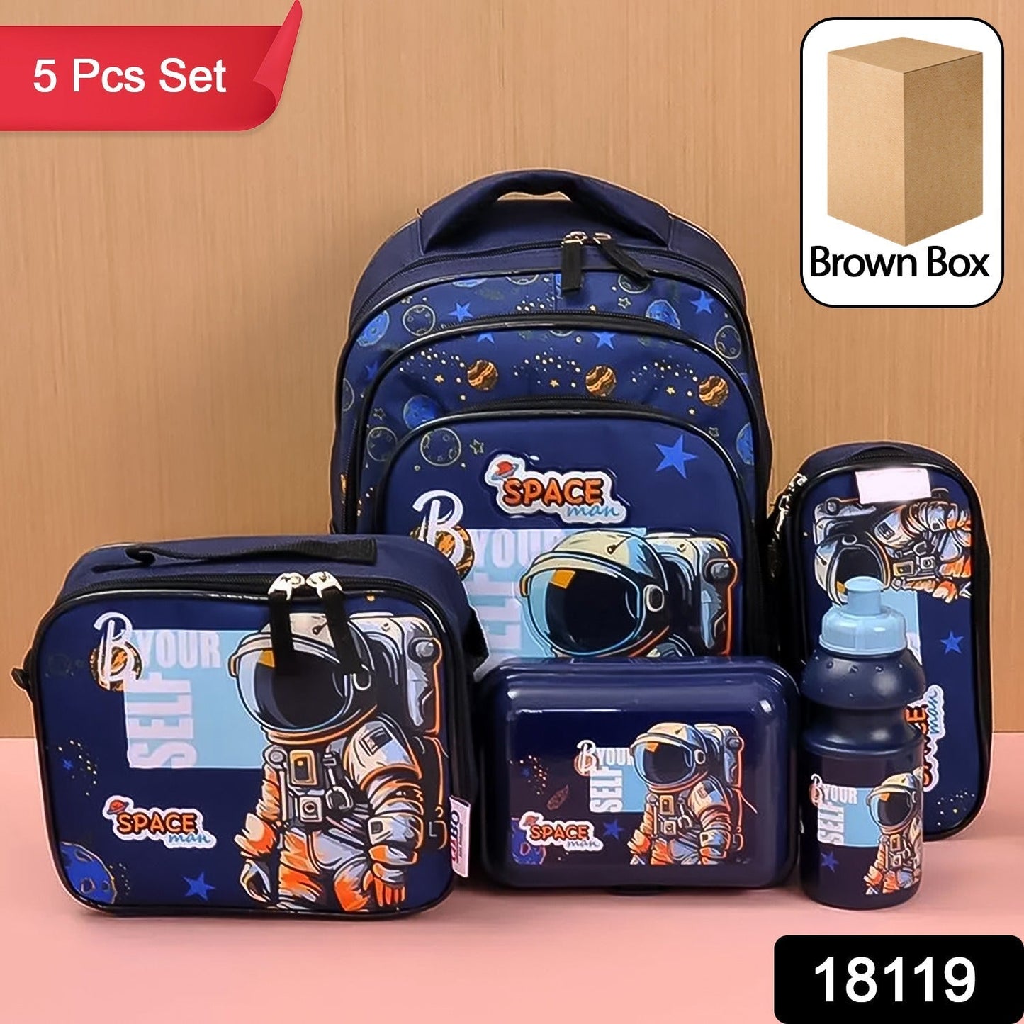5 in 1 School Bag Includes lunch bag, 14 inch School Bags, water bottle & pencil case in box packing (1 Set / Mix Color)) Your Brand