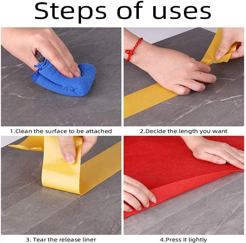 Four step images showing cleaning measuring peeling liner and applying heavy duty carpet adhesive tape to floor