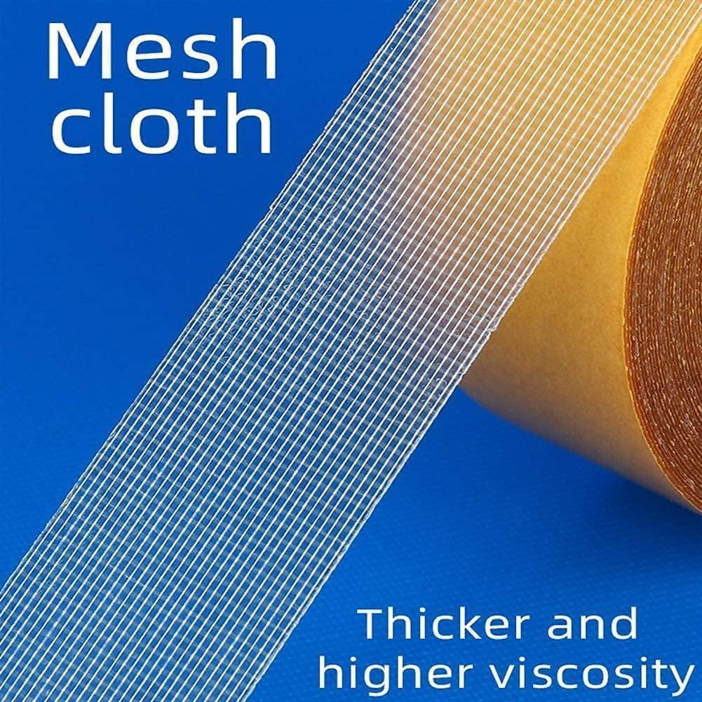 Roll of clear mesh cloth tape on blue background labeled thicker and higher viscosity heavy duty carpet adhesive tape