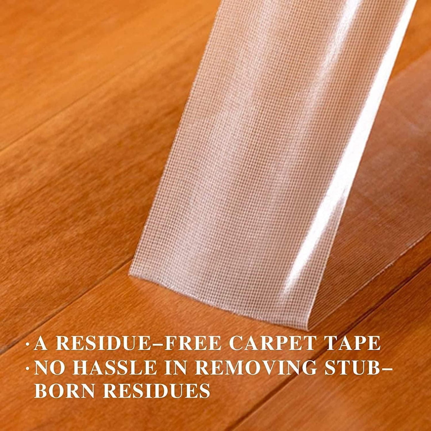Clear grid textured heavy duty carpet adhesive tape on hardwood floor showing residue free removal