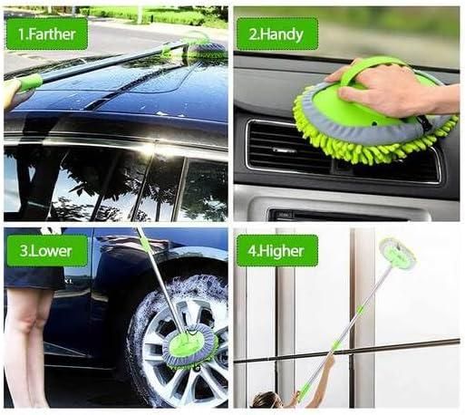 Adjustable mop for outdoor use shown cleaning car roof, car vent, tire, and window in various positions