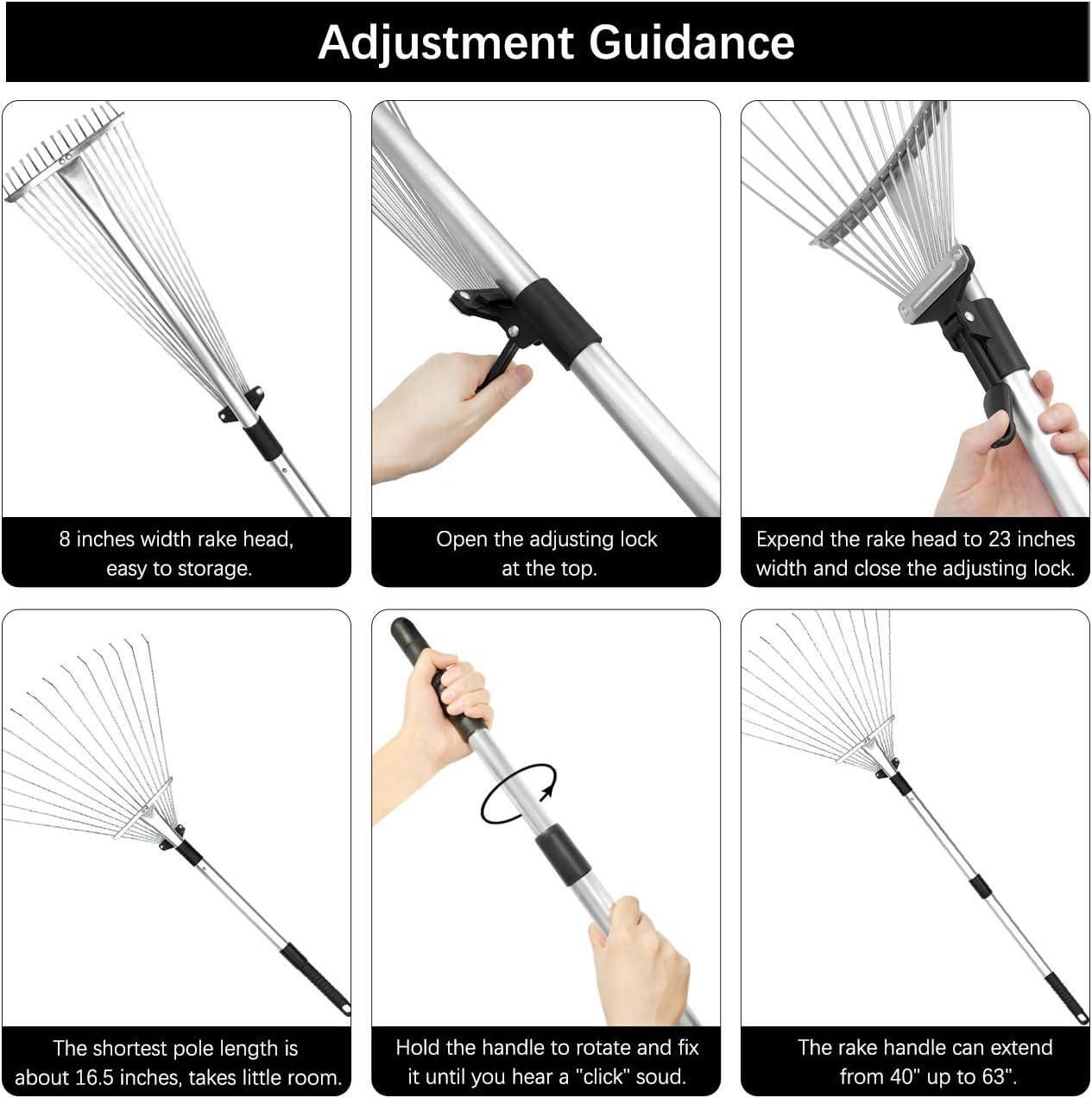 Adjustable garden rake from THE GIR FARMER demonstrating the best tool for cleaning garden leaves with extendable handle and wide rake head