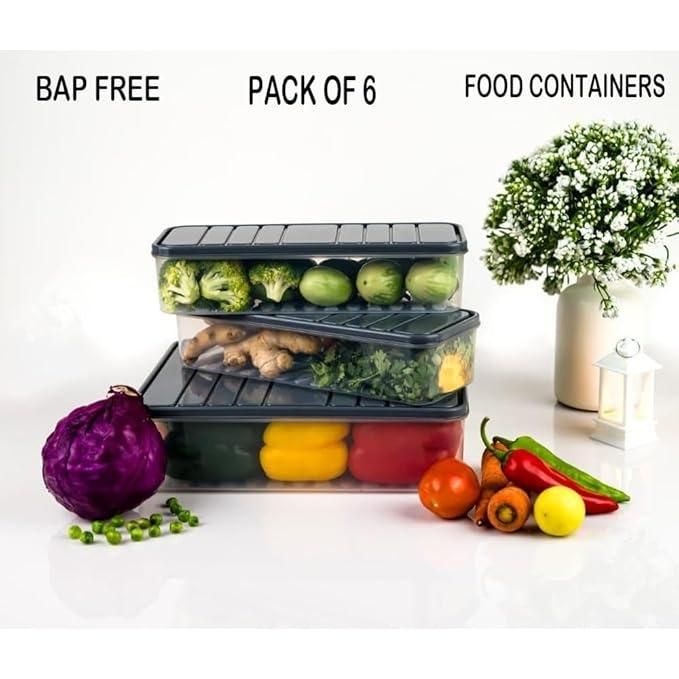 Set of six airtight fridge vegetable storage box containers with vegetables inside for fresh food storage