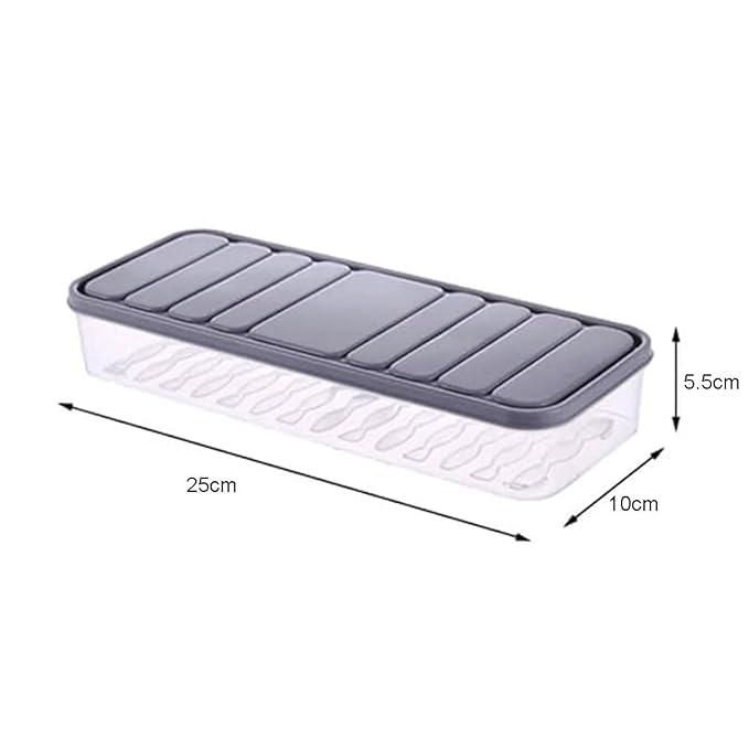 Airtight fridge vegetable storage box with gray lid and clear base measuring 25cm by 10cm by 5.5cm