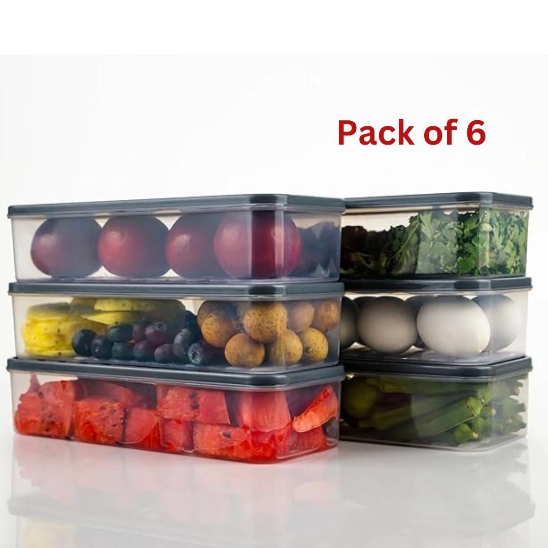 Pack of 6 airtight fridge vegetable storage box set holding various fruits and vegetables