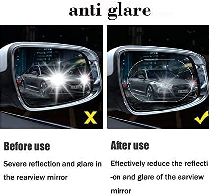 Anti-fog rearview mirror film demonstrating before and after effects on glare and reflection