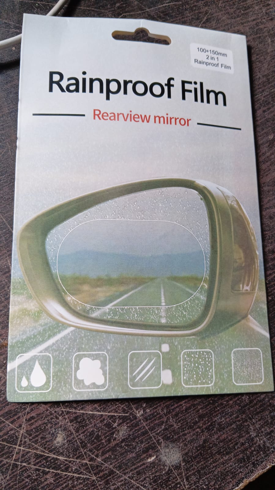 Anti-fog rearview mirror film packaging with clear instructions for improved visibility in rain