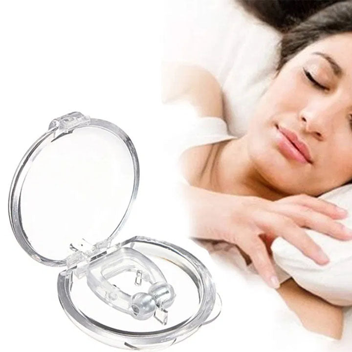 Anti snoring nose clip in case with a woman sleeping peacefully beside it