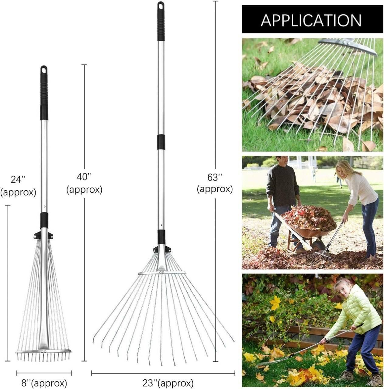 Adjustable garden leaf rake by THE GIR FARMER shown with dimensions and people using the best tool for cleaning garden leaves