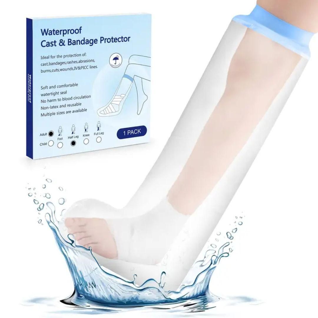 THE GIR FARMER waterproof reusable cast cover for leg injury with blue seal shown on casted leg splashing water and product box