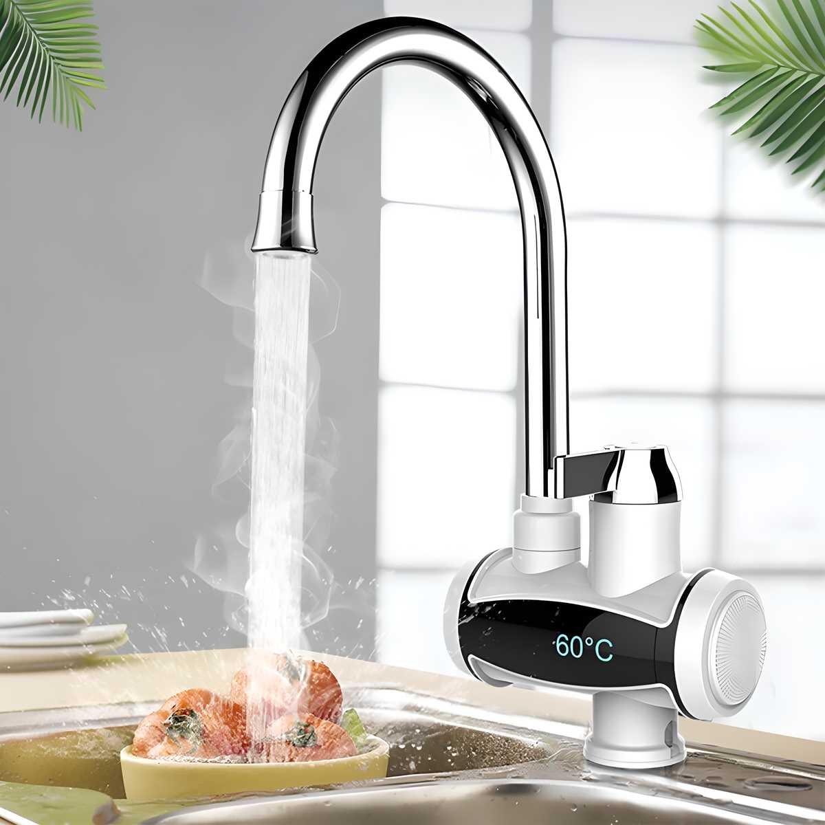 Chrome gooseneck sink faucet with digital 60C display pouring steaming water over food instant electric water heater faucet