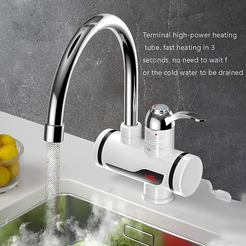 THE GIR FARMER instant electric water heater faucet mounted at sink with chrome gooseneck and digital display