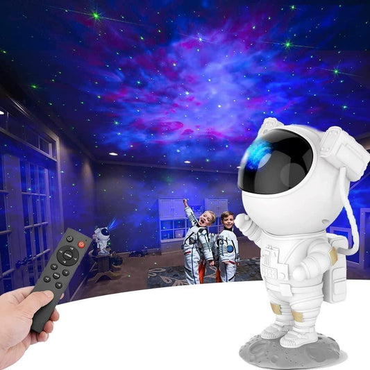 Astronaut galaxy projector casting colorful lights on the ceiling with kids in space suits enjoying the glow