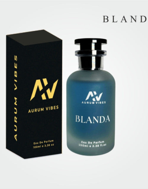 Blanda male fragrance 100ml bottle with black and gold Aurum Vibes packaging for gym and wellness