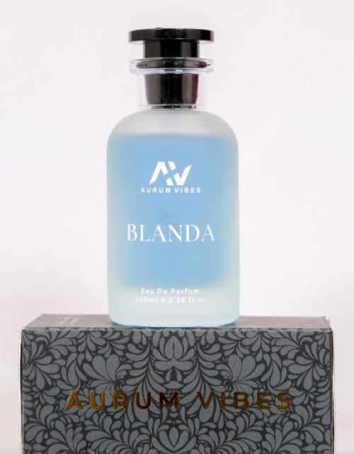 Blanda male fragrance 100ml by Aurum Vibes in a frosted glass bottle with a black cap on decorative packaging