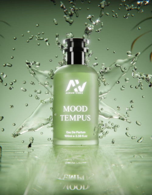 Mood Tampus natural fragrance green bottle with black cap surrounded by water droplets splash