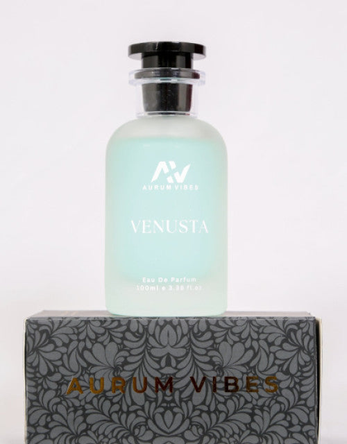 Venusta perfume 100ml Eau De Parfum bottle from The Gir Farmer with decorative black and gray box