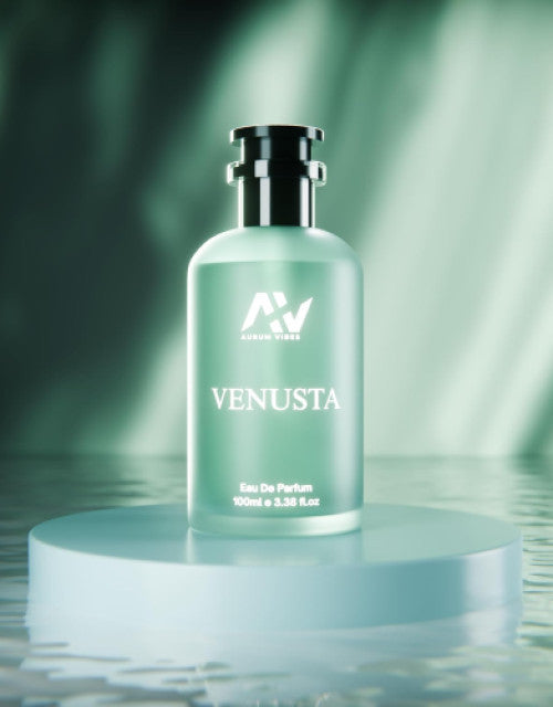 Venusta perfume 100ml Eau De Parfum in a frosted glass bottle with silver cap on a round platform
