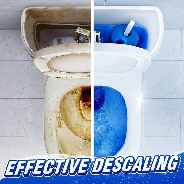 Before and after comparison of toilet cleaned using automatic toilet bowl cleaner tablets showing effective descaling