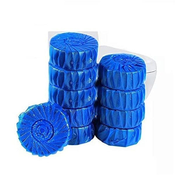 Amd-Deodap automatic toilet bowl cleaner tablets in blue, stacked next to a toilet for easy cleaning