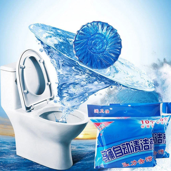 Amd-Deodap automatic toilet bowl cleaner tablets with blue tablet dissolving in water in a white toilet