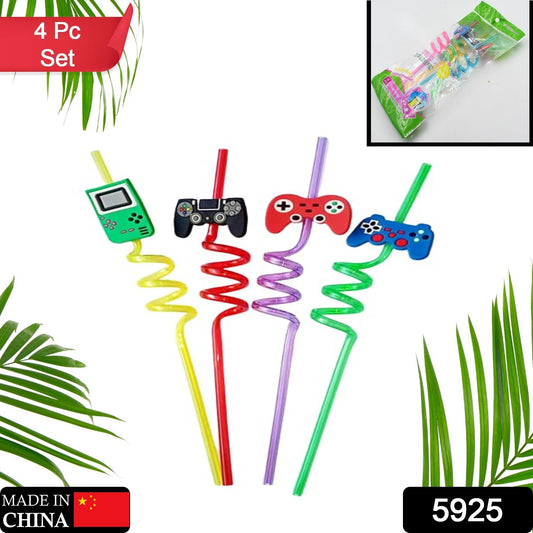 Colorful reusable plastic drinking straws in a 4 pc set with game controller designs