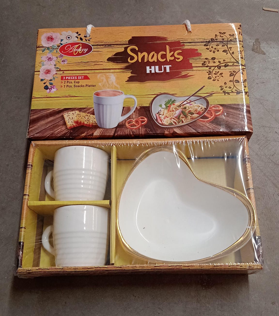 Snacks Hut Ceramic Tea / Cups Set With Heart Shape Plastic Serving Platter, Milk Cup / Mug, Coffee Cup, Tea Cup BPA Free Food Grade, or Outdoor for Household Gift For Birthday (3 Pcs Set) Your Brand