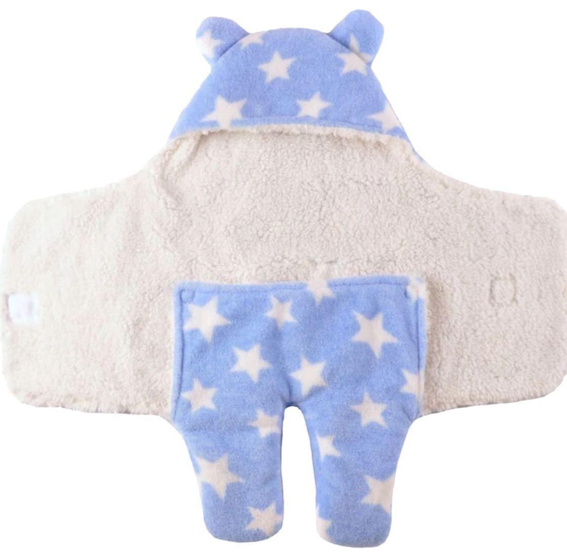 Blue baby wearable blanket with star pattern and bear ears for cozy comfort