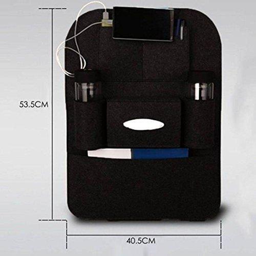 Black back seat storage bag for cars with multiple pockets for cups, tissue box, and tablet holder