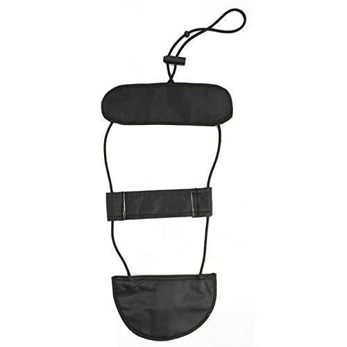 Black adjustable luggage strap with padded shoulder and two support panels and toggle cord