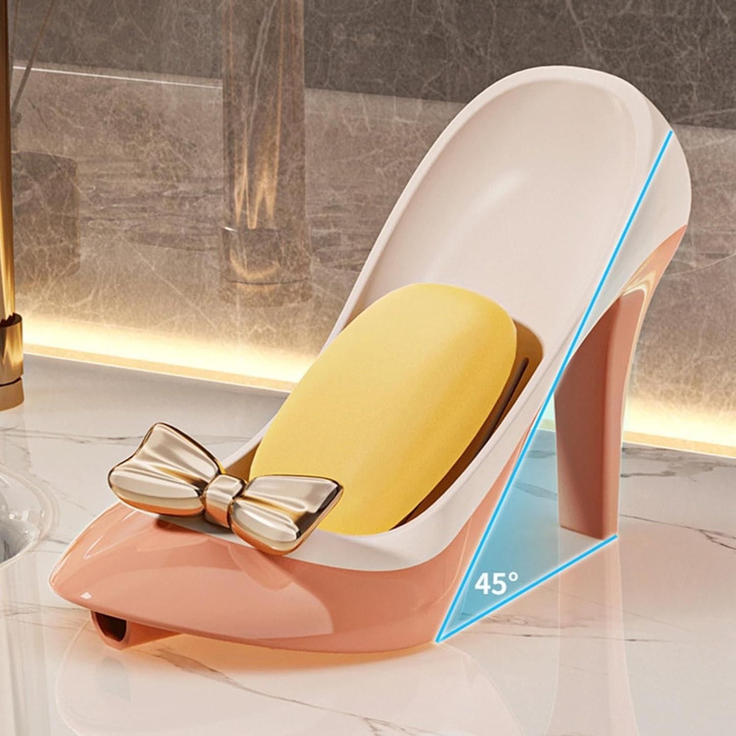 sandal shaped soap holder high heel shoe design in peach with gold bow and yellow soap sponge for bathroom countertop
