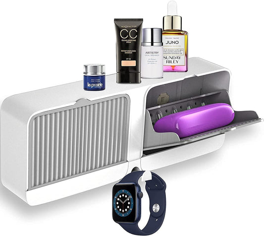 White bathroom soap box organizer with storage compartments holding soap and skincare bottles