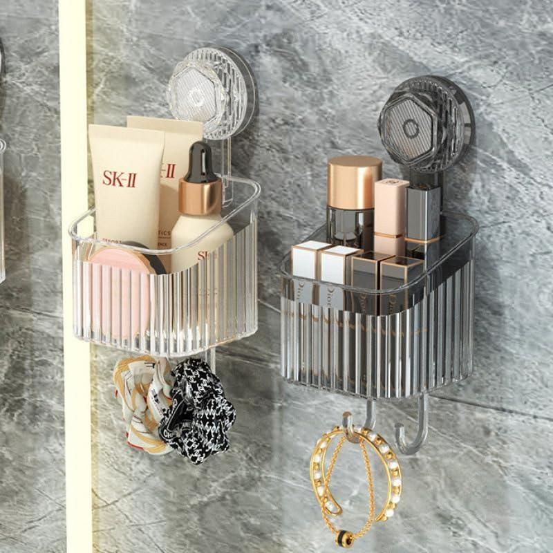 THE GIR FARMER bathroom suction cup storage baskets holding skincare and makeup products on gray marble wall