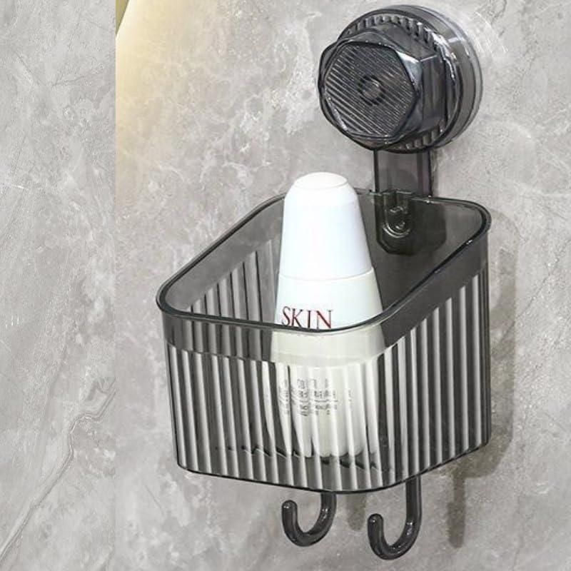 THE GIR FARMER bathroom suction cup storage black wall-mounted organizer with hooks holding a white bottle