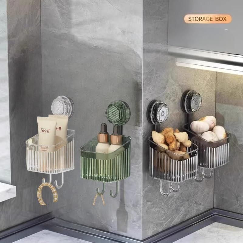 THE GIR FARMER bathroom suction cup storage boxes mounted on bathroom wall holding toiletries and kitchen items