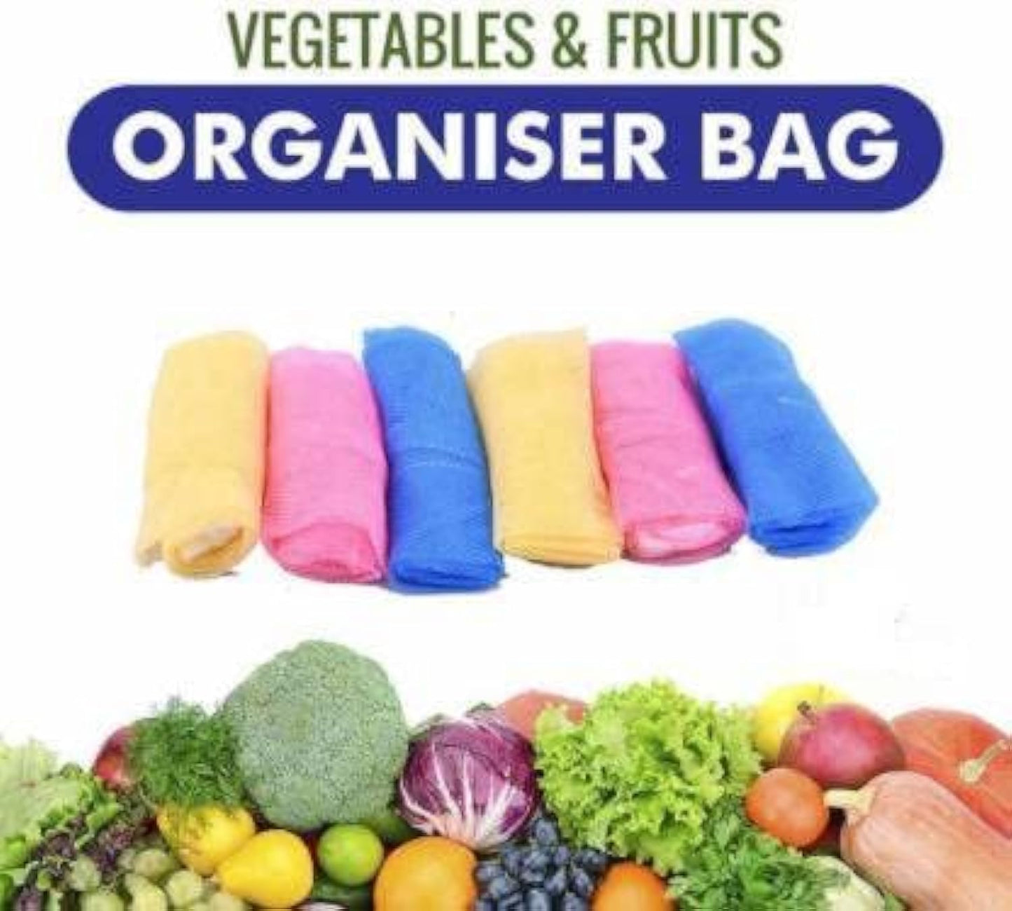 Gir Farmer fridge storage bags for vegetables in multiple colors with fresh vegetables and fruits