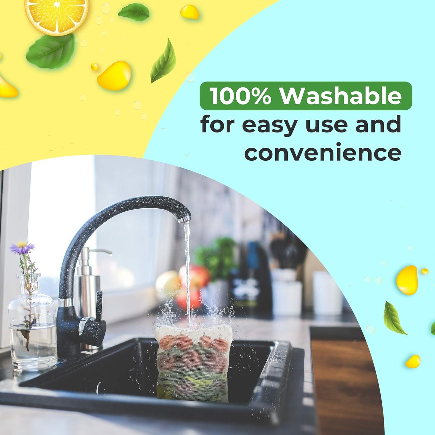 Gir Farmer fridge storage bags for vegetables being washed under kitchen sink faucet for easy use