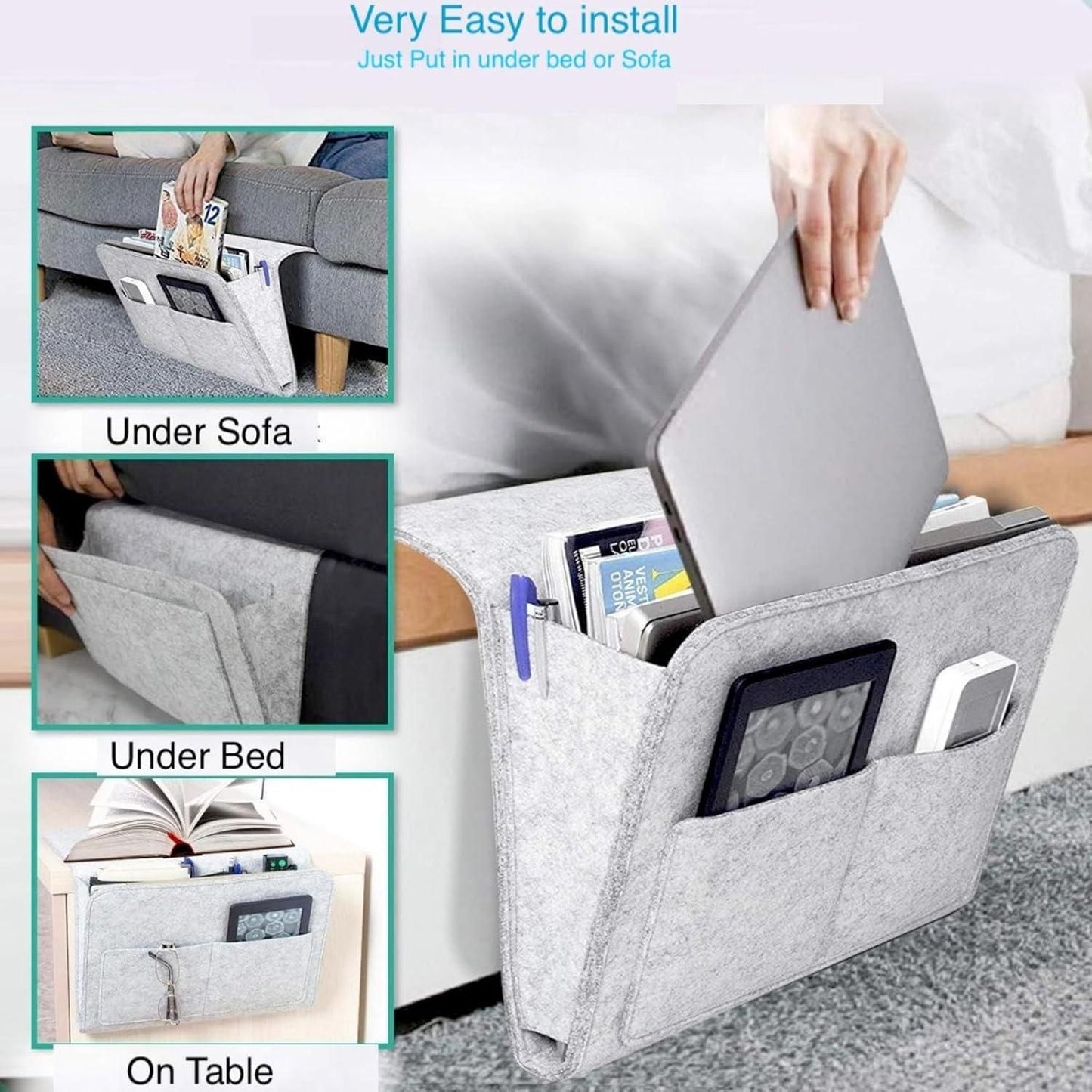Bedside pocket organizer for essentials in gray felt storage hanging beside bed holding laptop and gadgets